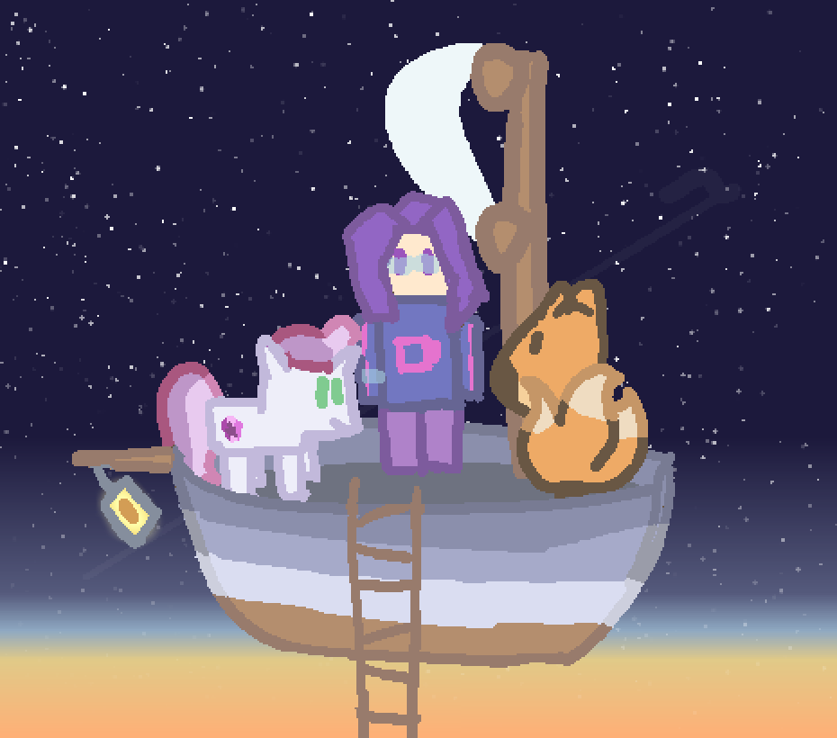 a human, unicorn, and three tailed fox sitting on a ship in the nights sky