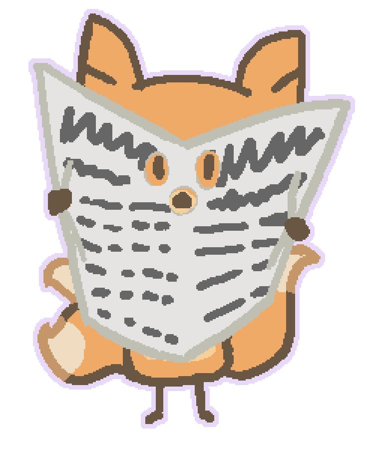 A three tailed fox hiding behind a newspaper, with eyes and snoz holes cut into it to peak through. they are very obvious
