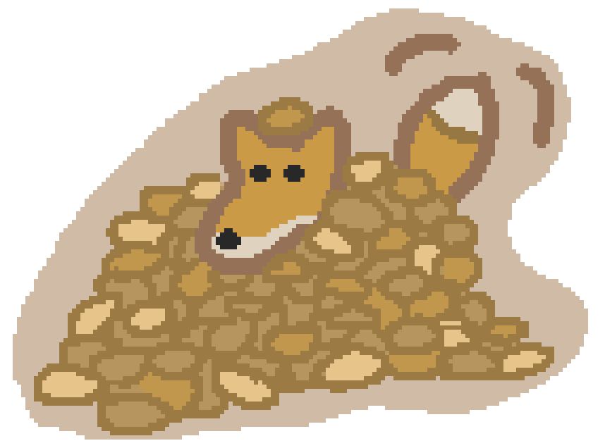 a fox buried in a pile of potatoes, their tail is wagging