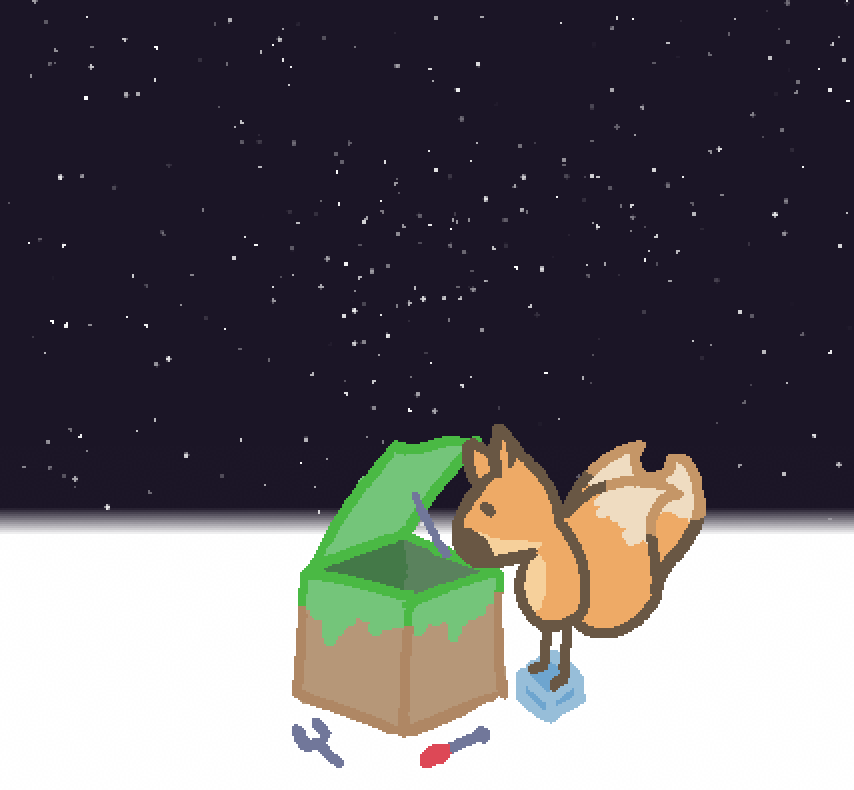 a three tailed fox standing against a starscape, with a minecraft grass cube open and tools spread around the fox and cube. the fox looks into the cube