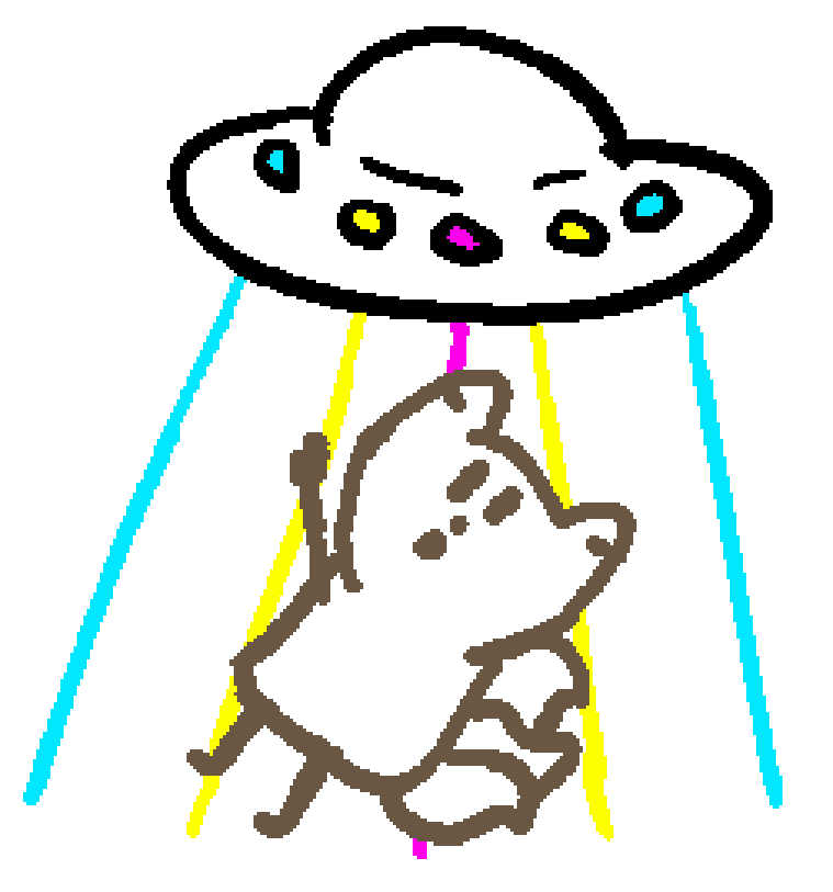a three tailed fox being abducted by a ufo with flashing cyan, yellow, and magenta lights