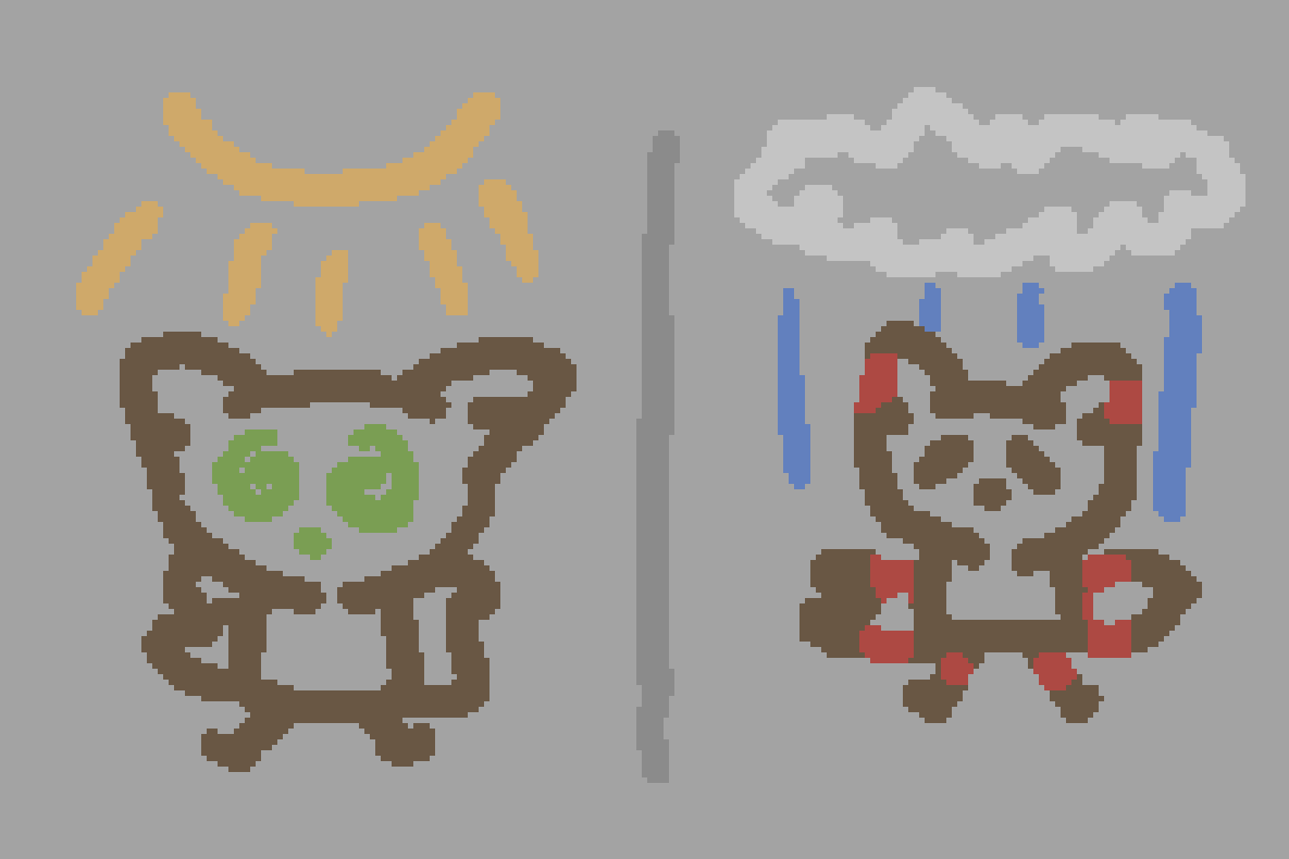 a two panel comic, first pannel is a dizzy three tailed fox in the hot sun, second pannel is a floppy and sore three tailed fox in the rain