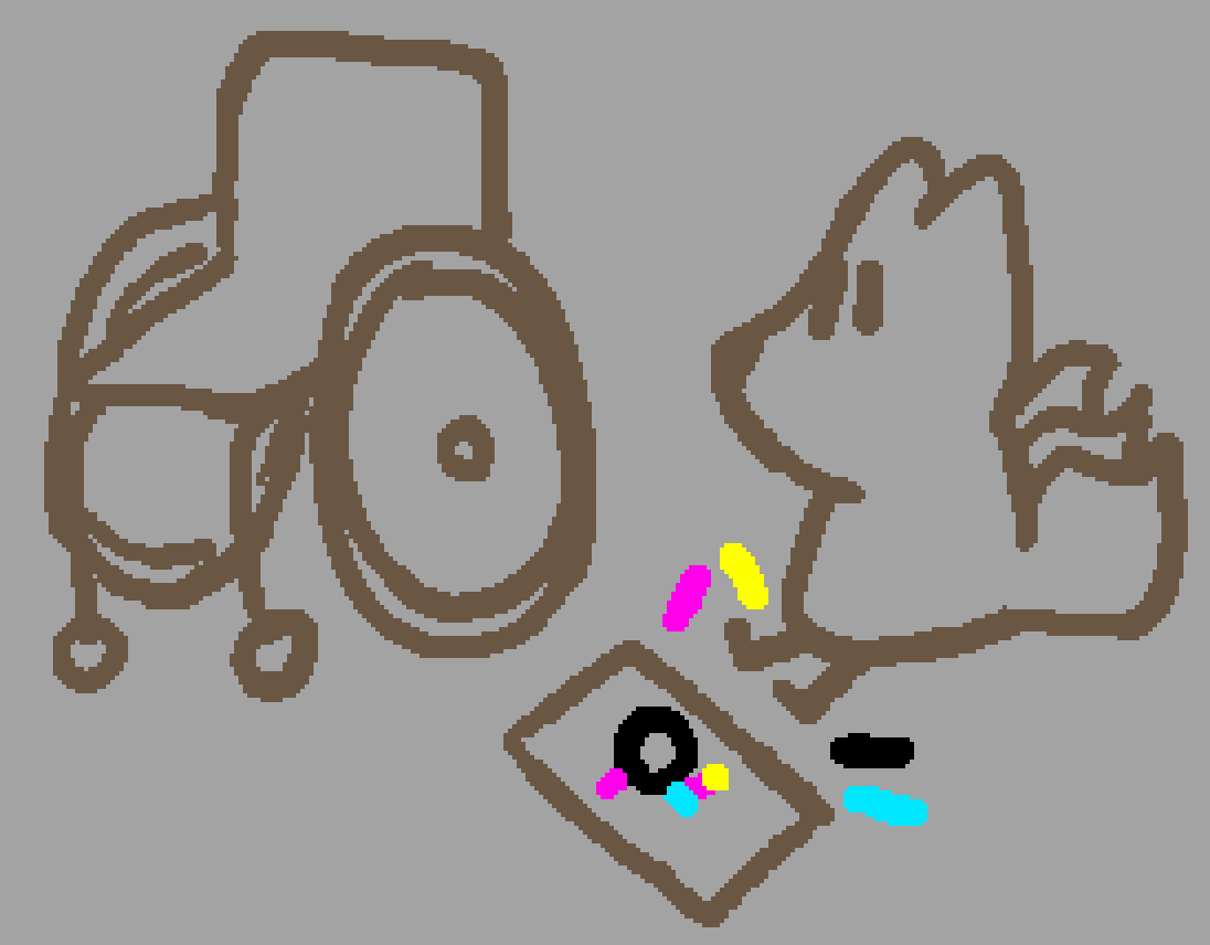 a three tailed fox drawing a wheelchair on a piece of paper, with a wheelchair nearby for reference