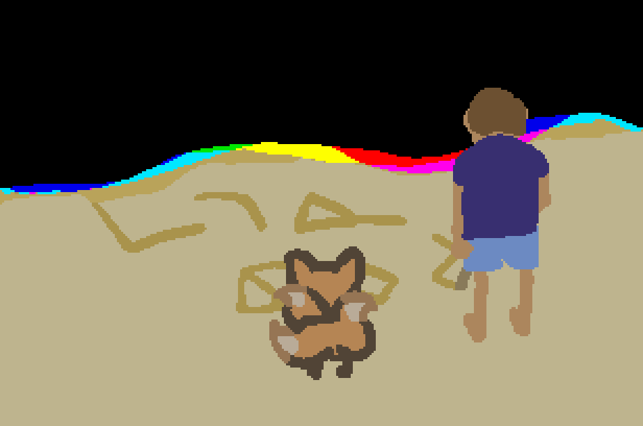 a three tailed fox and a man stand on a beach of void drawing shapes in the sand with a stick