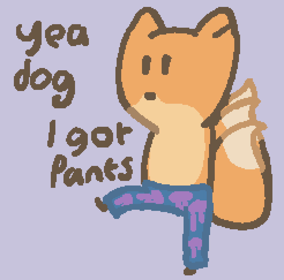 a three tailed fox wearing jellyfish pants, saying "yea dog, i got pants"