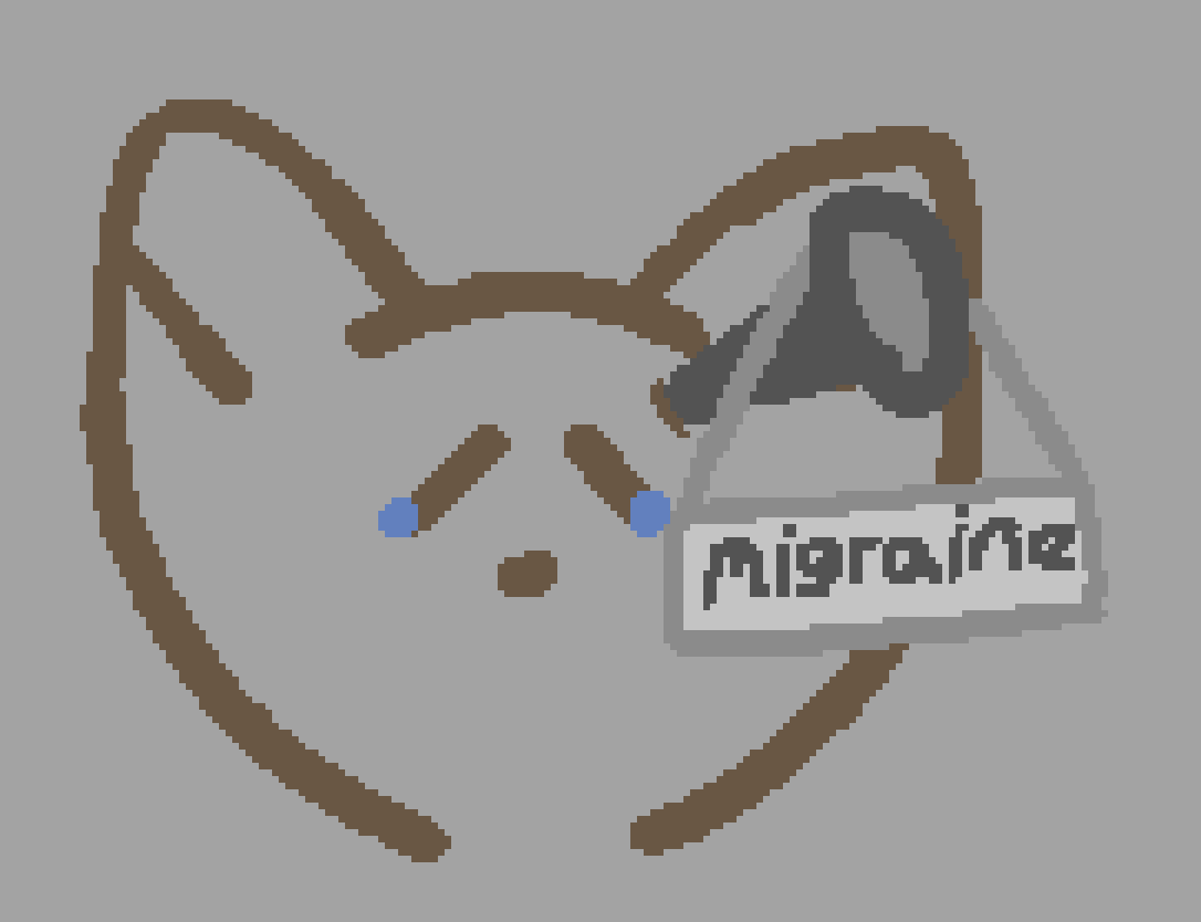 a fox with a large nail stuck into its head, on the nail hangs a sign with writing proclaiming "migraine"