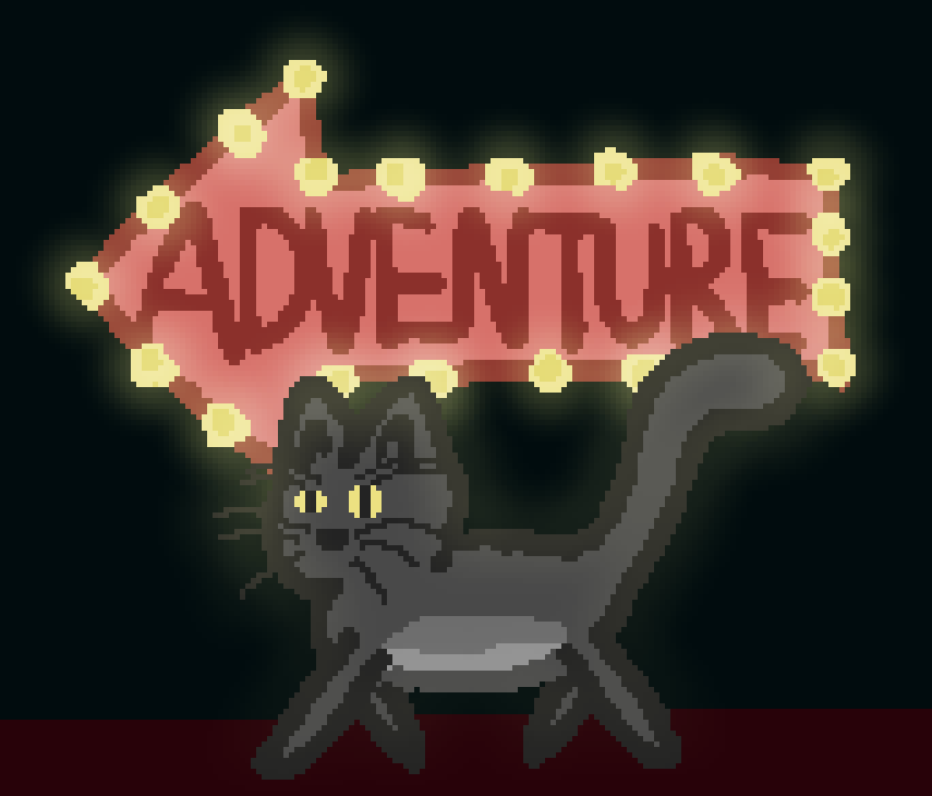 a black cat with a squinted left eye, marching in the direction of a bright bulb sign reading 