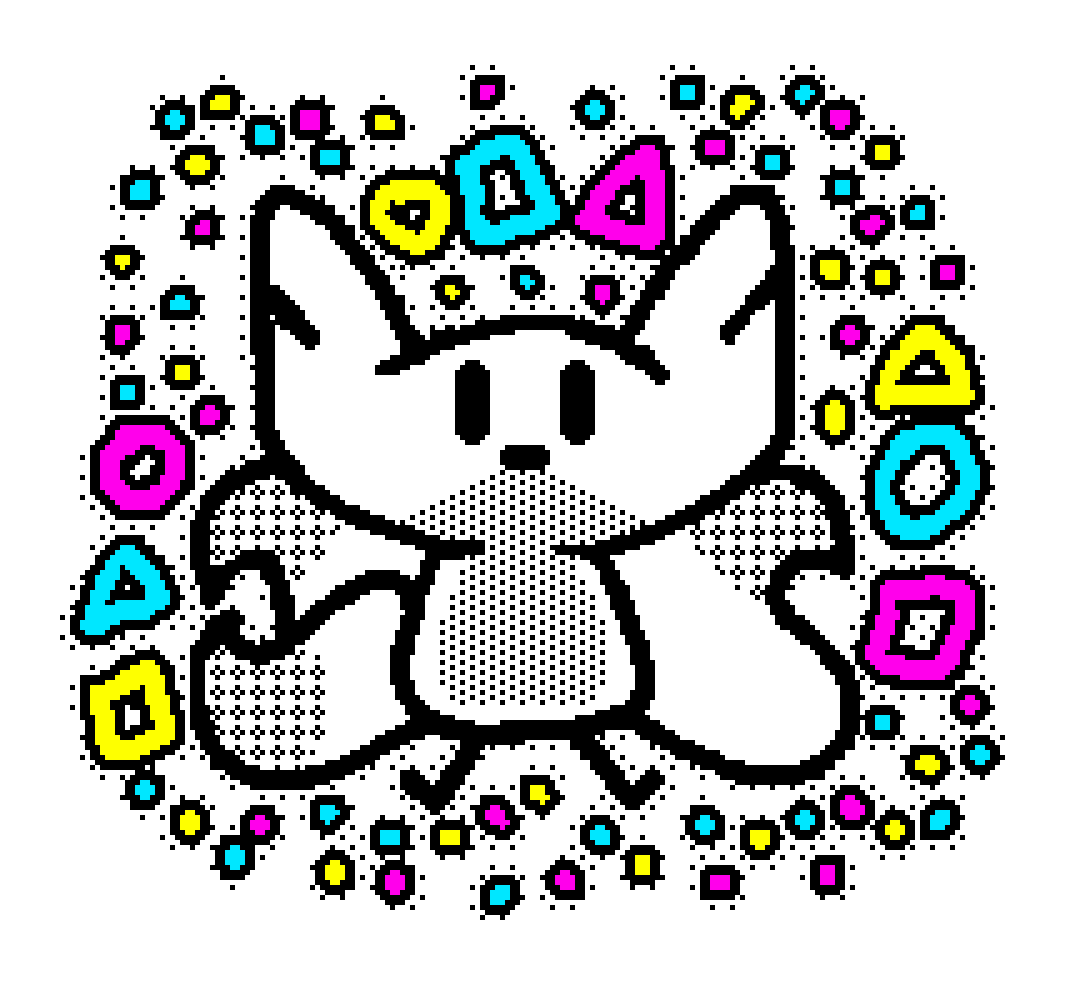 beefox in cyan magenta yellow and black with shapes around them