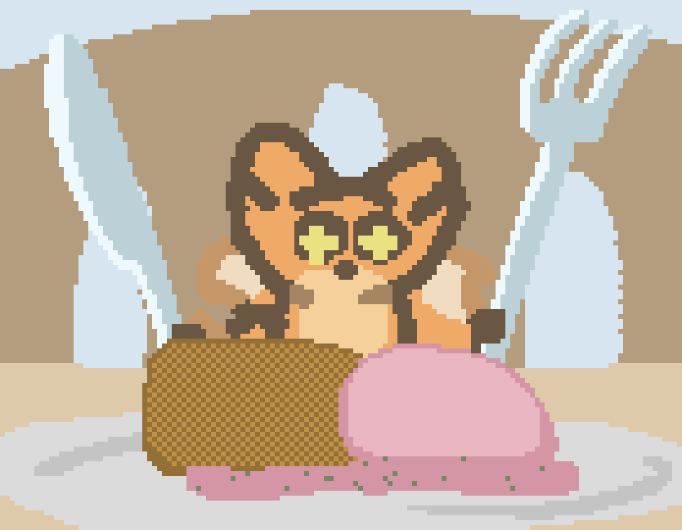 a tiny beefox behind a massive plate of eggs benedict with pink sauce