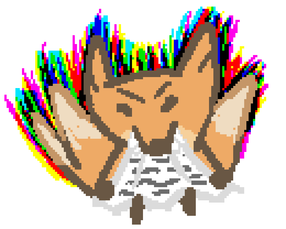 a three tailed fox frustraedly biting at a sheet of paper and tearing it, with large shoots of colour coming off the fox.