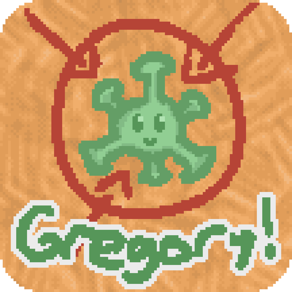 a small green virus on a orange fur backdrop, a red circle and arrows point to it in the style of a clickbait thumbnail. text reads "gregory!"