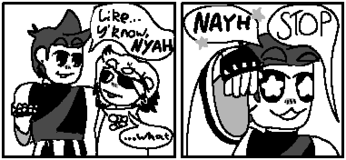 isabeau and siffrin in the "y'know nya" comic format. isa says "like, y'know nya". sif asks "what", isabeau nyas, siffrin tells him to stop.