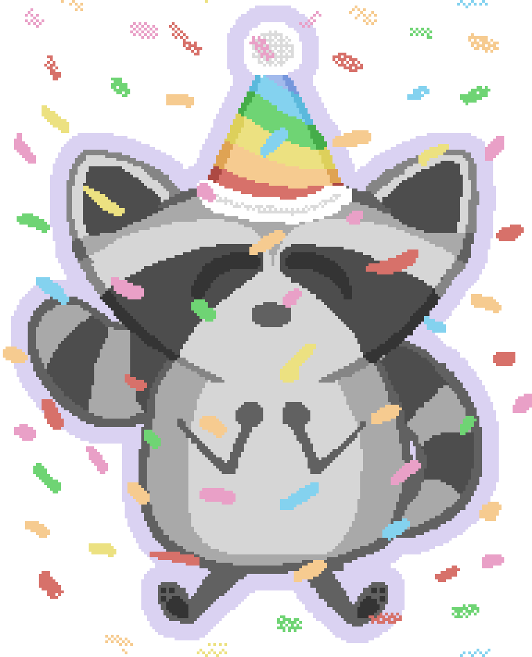 a raccoon sitting happily with a party hat on and a stream of confetti falling around them