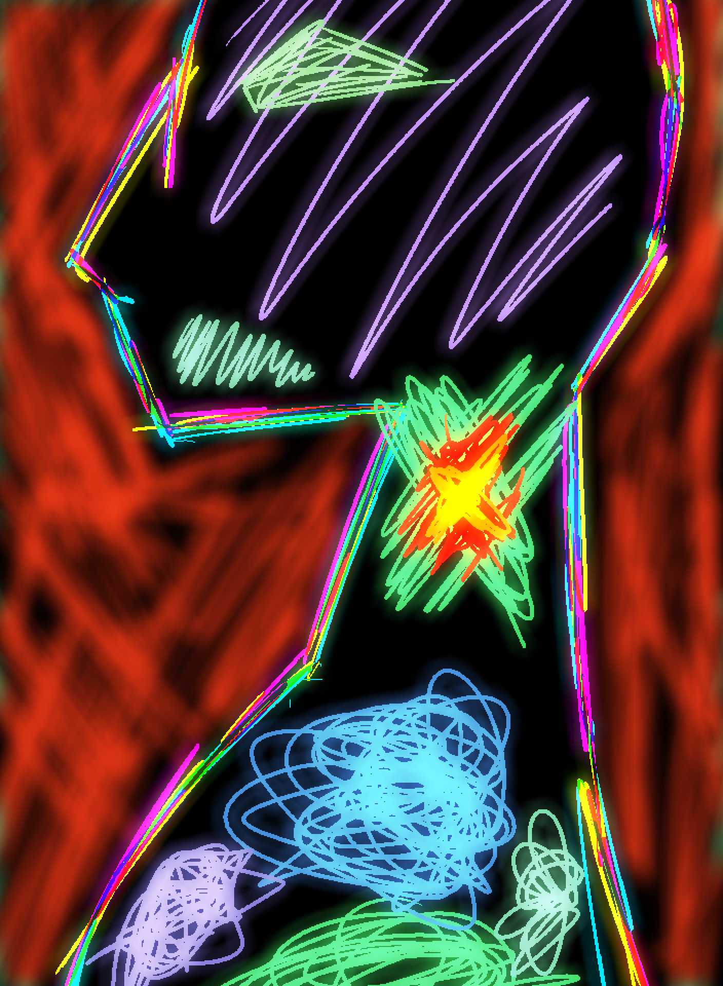 a humanoid profile formed of neon lines with many different noisy patterns and scribbles within them and around them
