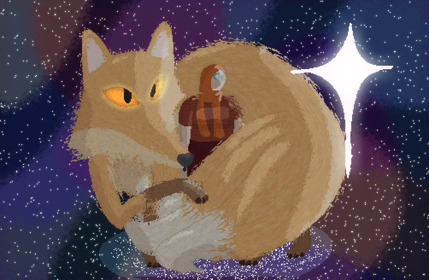 a human wearing an orange hijab with and using a cane, surrounded and protected by a three tailed fox, both looking at a star while they stand on a bed of them in space