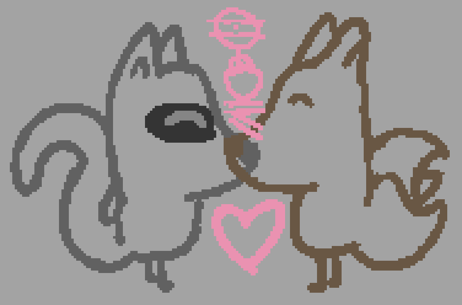 a three tailed fox and a racoon nuzzling, with a heart below them and the CPS word "nəysanq" above them