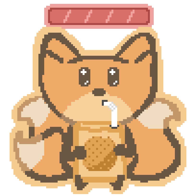 a three tailed fox drinking a box of orange juice as their health bar fills up, animated