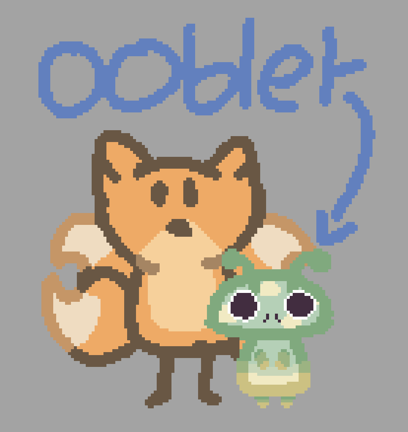 a three tailed fox and a tud ooblet standing side by side