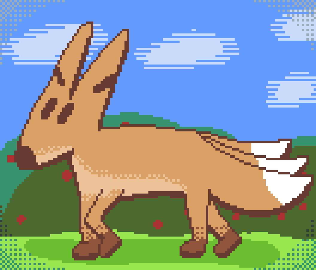 a three tailed fox wandering through the bush, pixel art