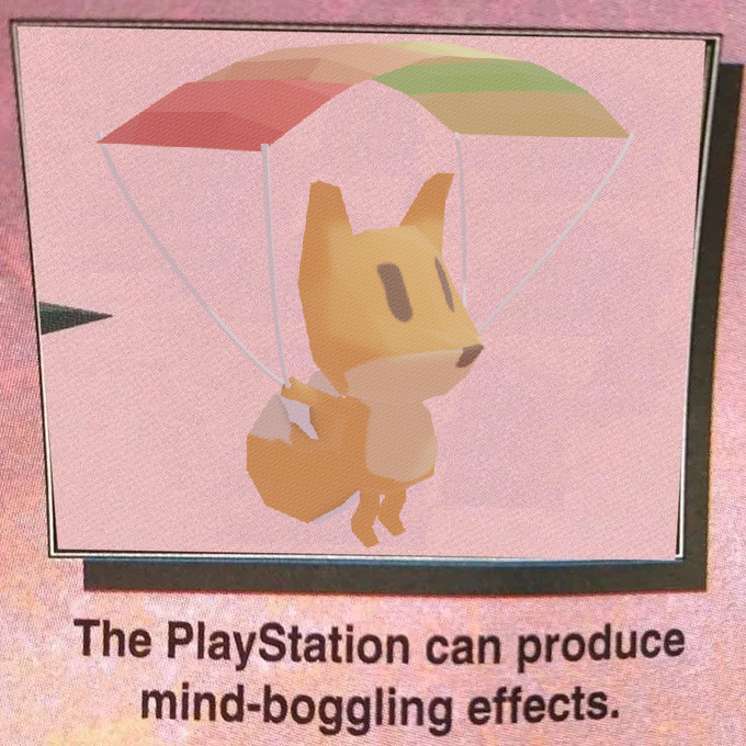 an excerpt from a magazine. A three tailed fox paragliding, with the caption "The Playstaion can produce mind-boggling effects"