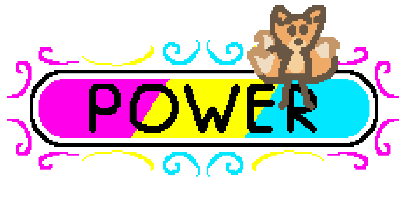 a power bar made from cyan magenta yellow and black colours, with a small trhee tailed fox sitting atop it