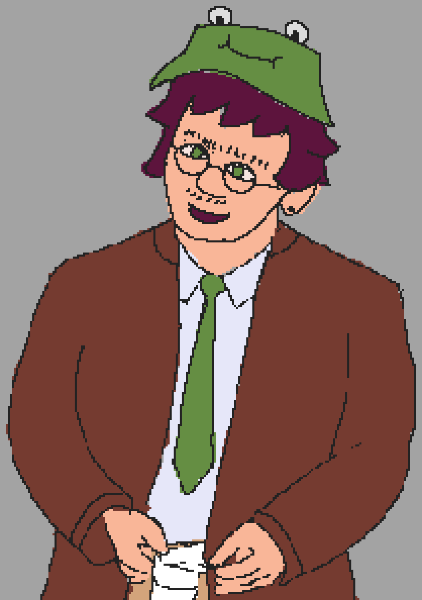 a detective, wearing a comfortable coat, a green tie and dress shirt, glasses, and a frog bucket hat. he has a monobrow and a patchy mustache, his eyes match his tie