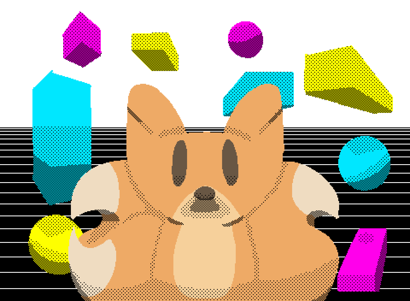 beefox, in a world with cubes and spheres, with dithered shadows. Limited colour pallete