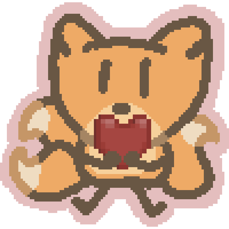 a three tailed fox sitting with a rotating pixelated heart in their lap