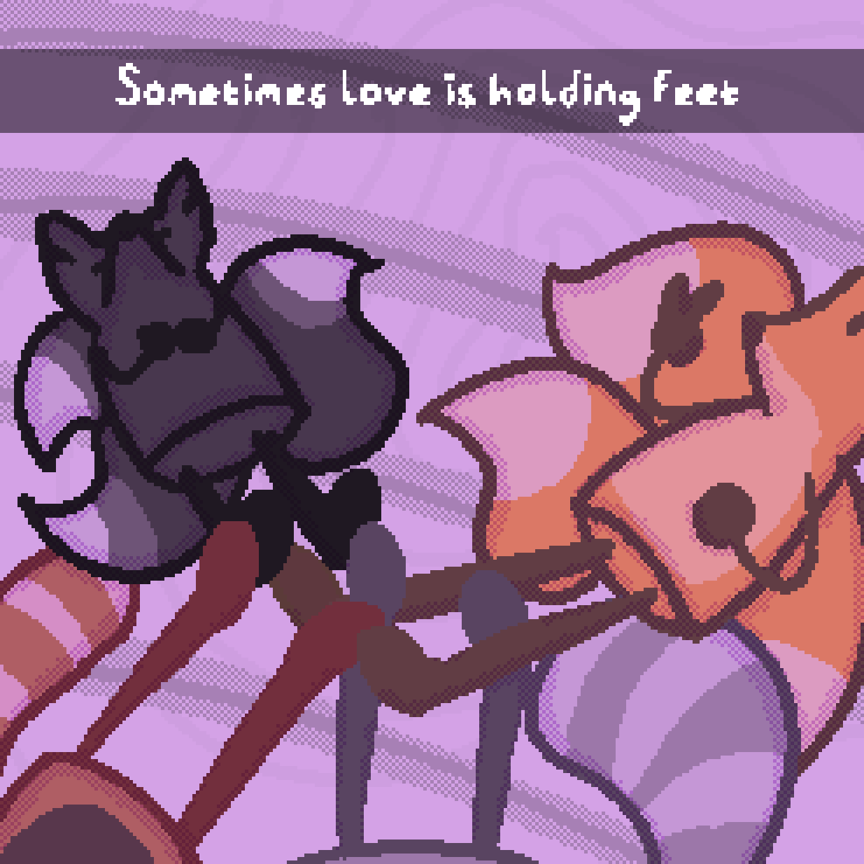 beefox, a three tailed black fox, a racoon, and a red panda all laying in an inflatable with their feet entangled, everyone bathed in magenta light. text has been added reading "Sometimes love is holding feet