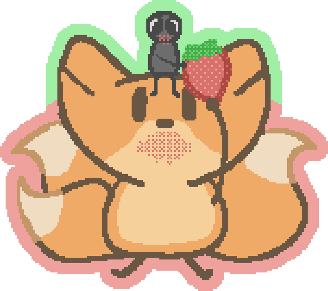 a three tailed fox sharing a large strawberry with a smaller humanoid creature