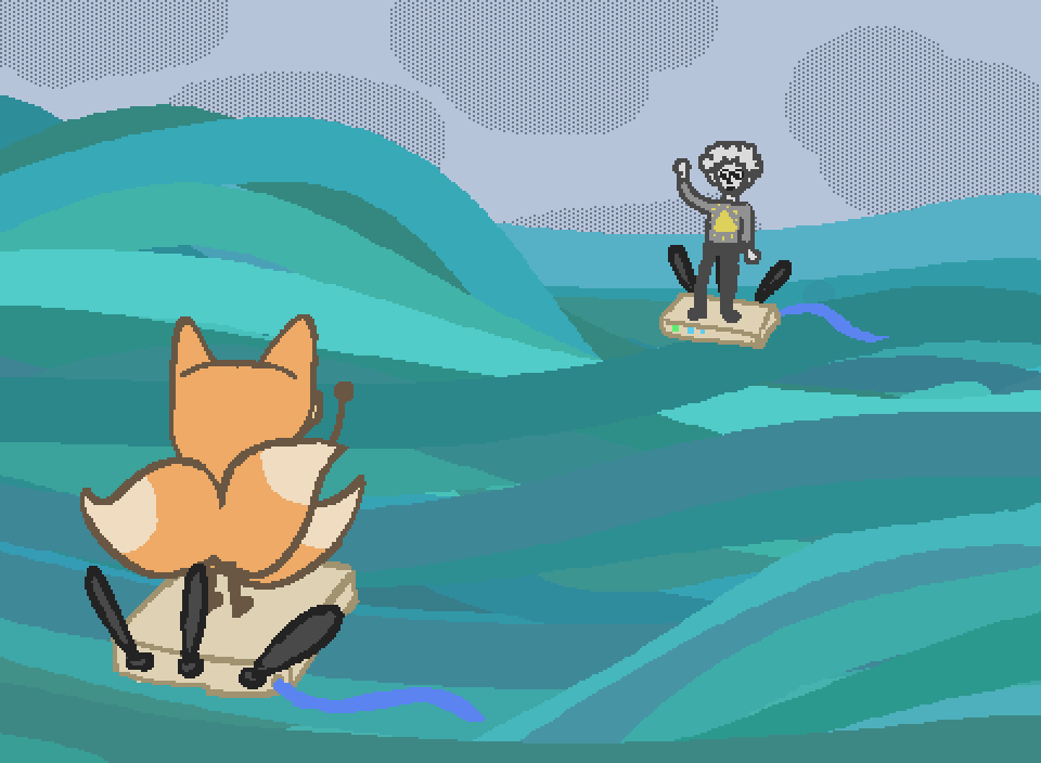 a three tailed fox floating on a modem, waving across the ocean to a person with a tirange on their shirt also floating on a modem and waving back