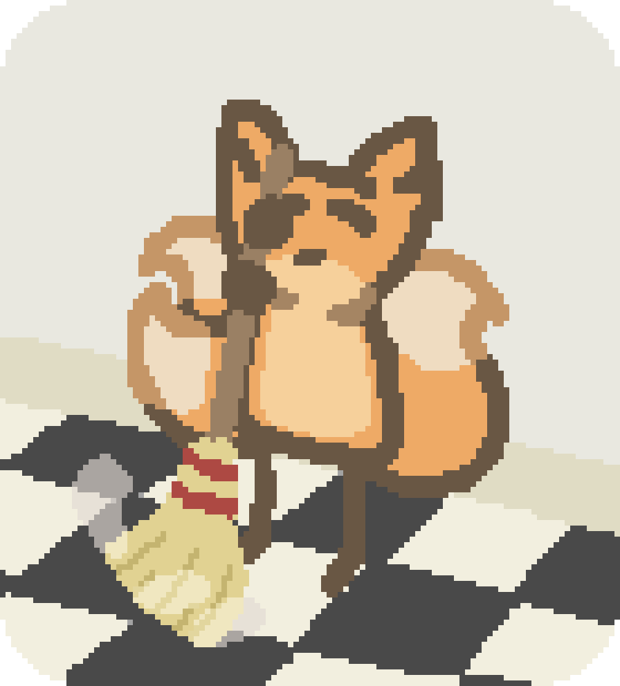 beefox sweeping a black and white checkered floor