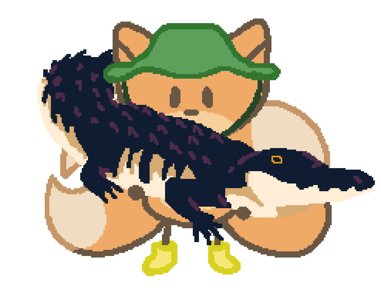 beefox wearing a bucket cap and gumboots, holding an alligator