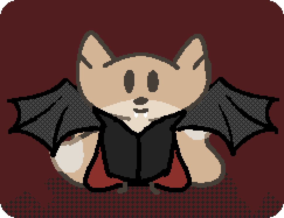 beefox with bat wings, fangs, and a black and red cloak. star is also desaturated