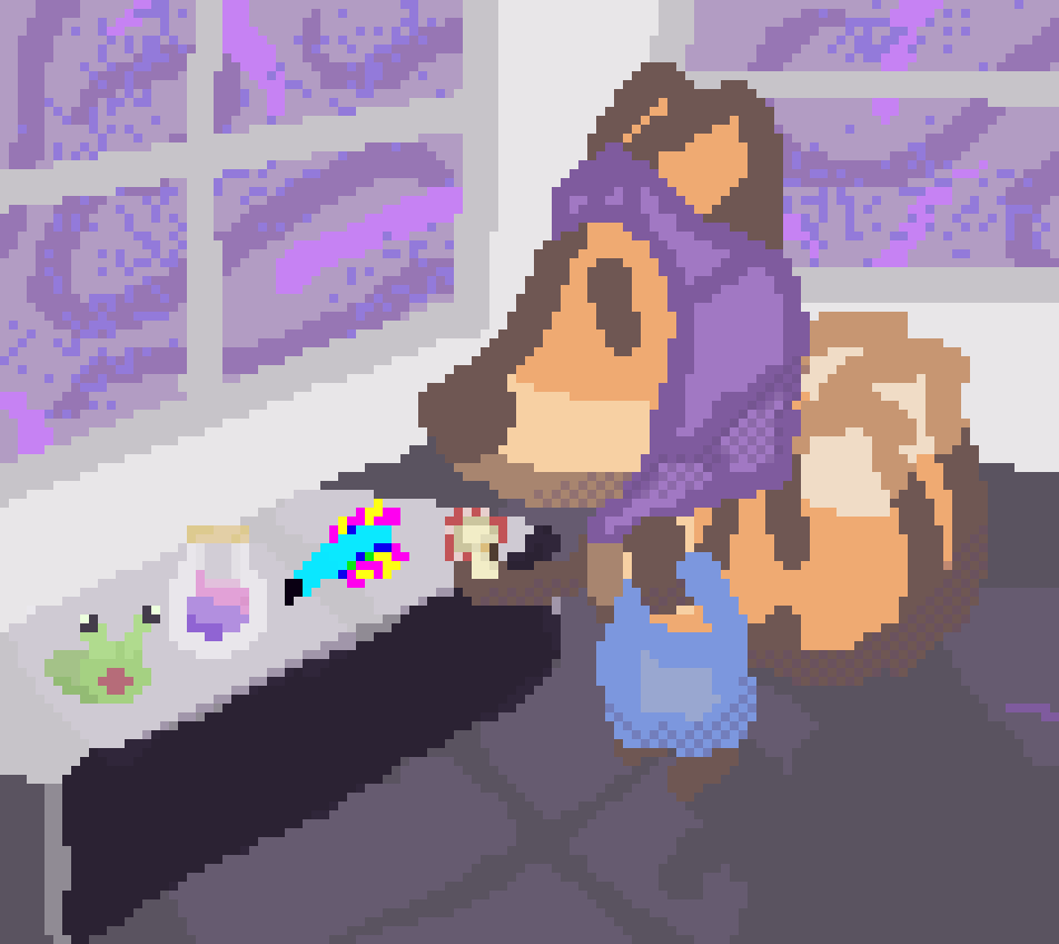 a three tailed fox wearing a purple veil, examining an assortment of magical items 