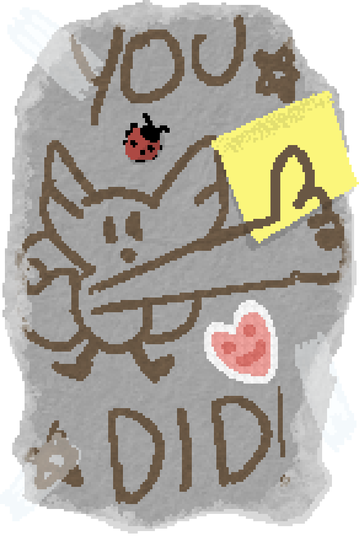 a torn piece of paper with beefox giving a thumbs up and the text "you did". There is a ladybug and heart sticker on the paper. A sticky note covers the thumb and a new one is drawn overtop of it. The paper is torn and stuck to the page with sticky tape.
