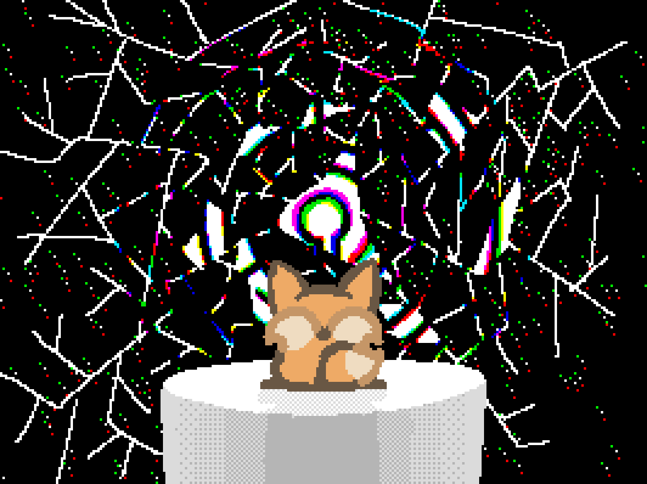 bee sitting on a floating white island, staring into the cracks in space, distorting all stars in view, through the cracks a labyrinth with shifting walls