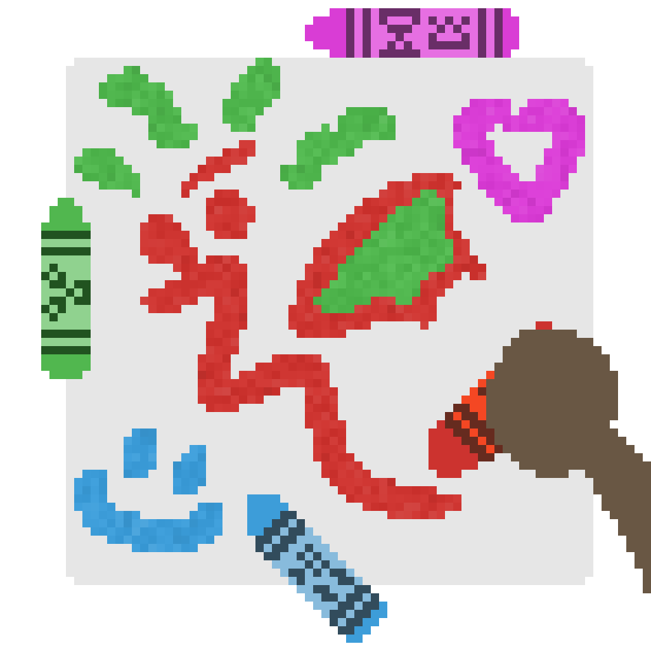 a drawing of a dragon in red and green. surrounding it is different crayons