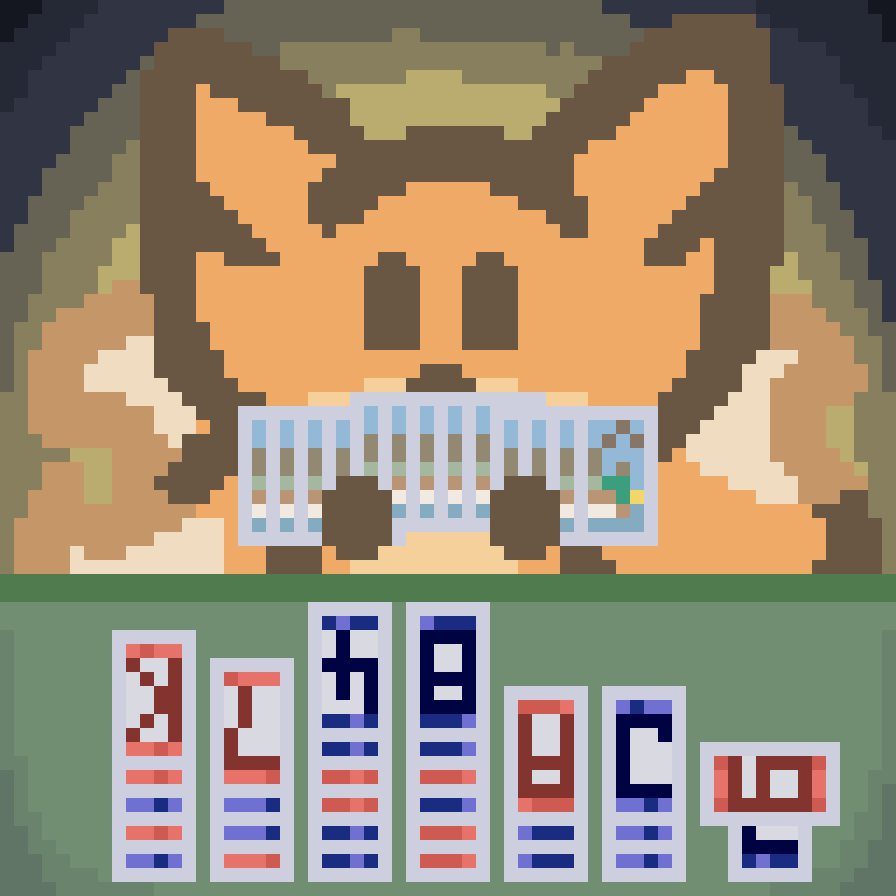 bee giggling from behind a large hand of cards, with several melds and a canasta on the table. the card backs are duck themed