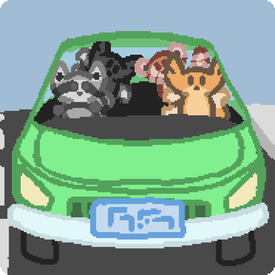 bee, jam, shell, and hex all in a car. bee is an orange fox with three tails, jam a raccoon, shell a red panda, and hex a black fox with three tails. they are crammed into a lime green car
