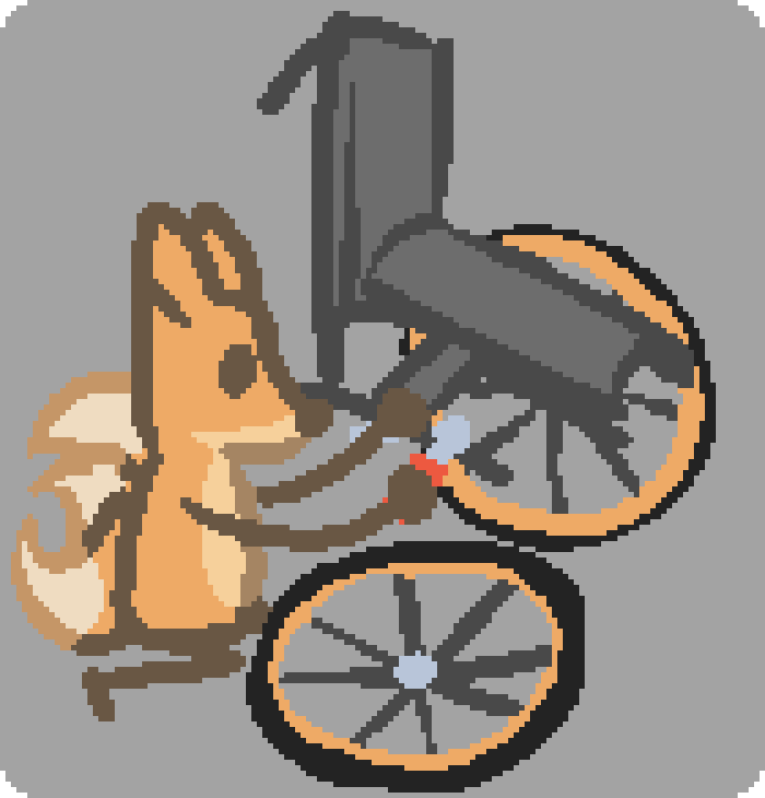 bee holding up a wheelchair with one wheel off it and half folded up, repairing it 