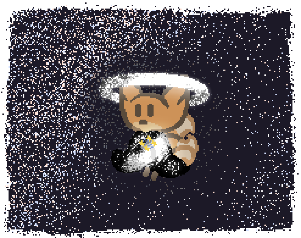 bee floating in space wearing a cloak made of stars with a halo of stars around star forehead
