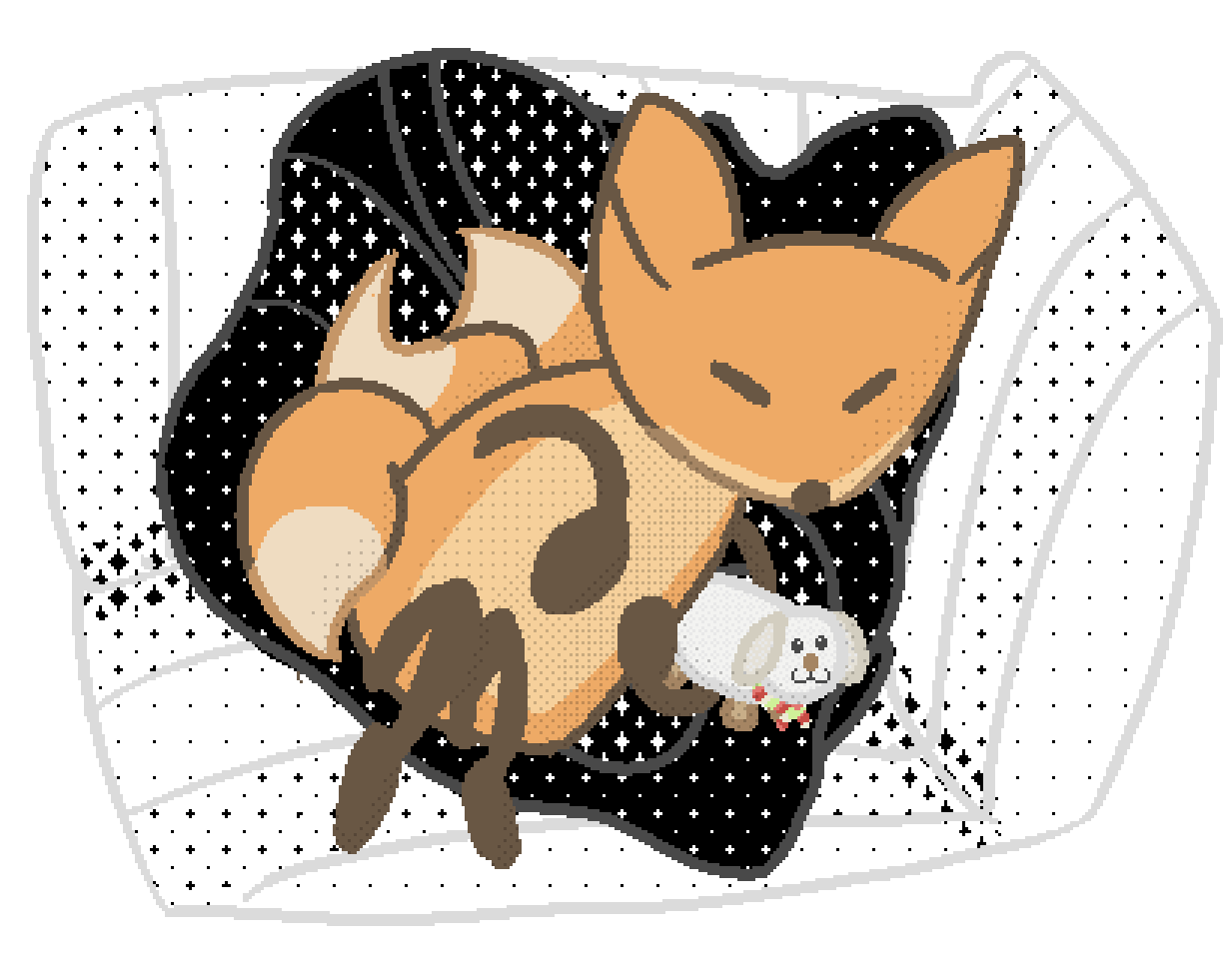 bee sleeping on a black stary blanket on a white stary couch, with star lamb stuffie
