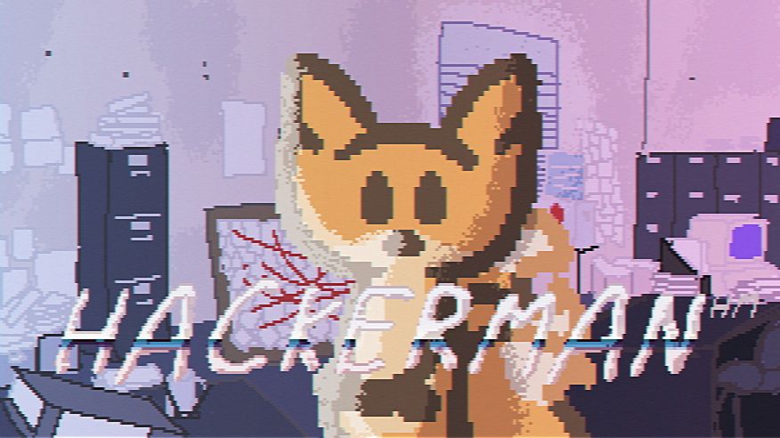 the hackerman image with bee, rendered in pixel art with vhs distortion effects
