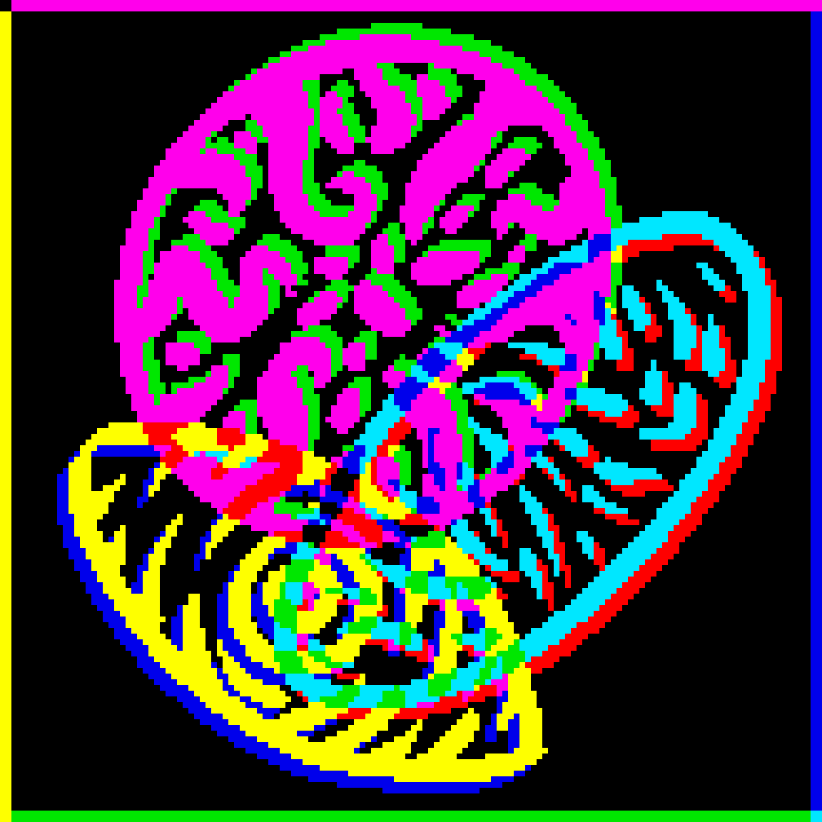 an abstract piece made of cyan, magenta, and yellow, and their composite parts offset. three different ovals with different styles of filigree overlap, the colours and shapes playing together and clashing in turn