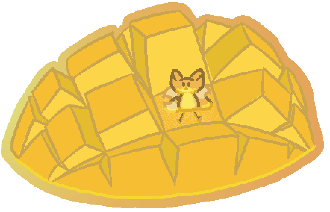 bee sitting in a cubed mango, star has eaten a single cube (about 3 times stars size) and is covered in mango juice