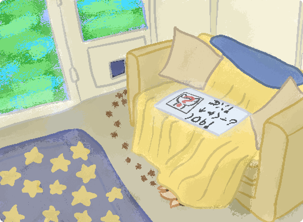 an average living room with a newspaper in toki pona, showing a fox outline with a red question mark on it. muddy star shaped pawprints lead to nearby blankets hanging off the couch, under which are three fox tails visible