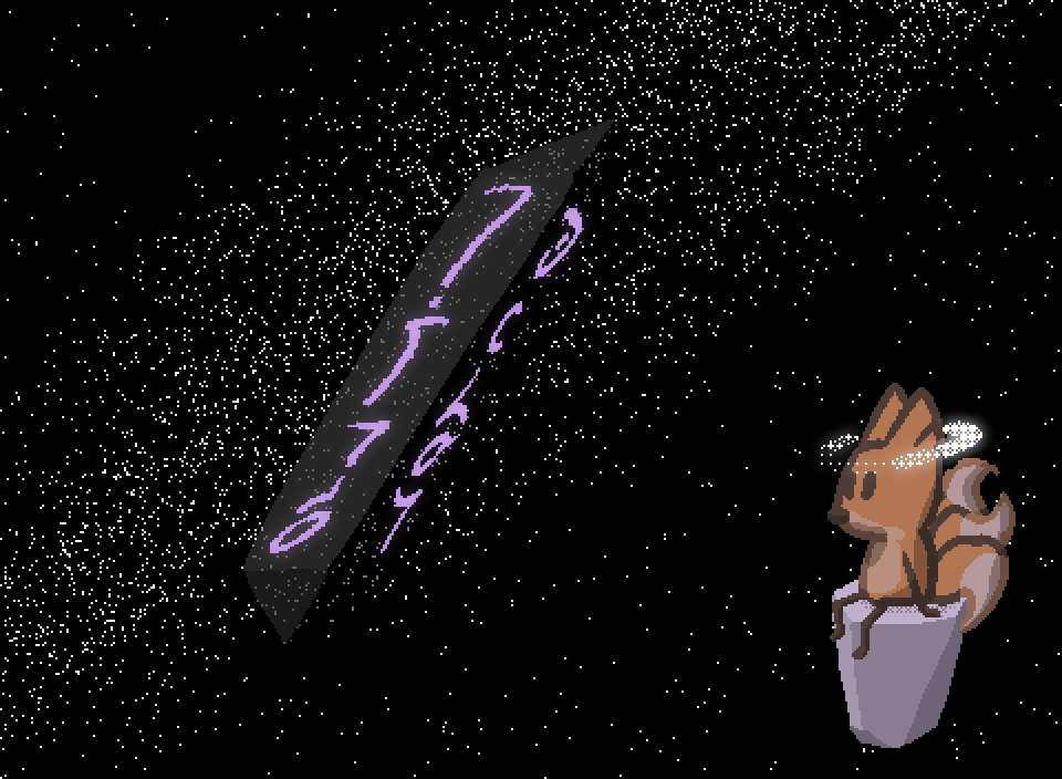 bee sitting on a floating island in space, a halo of stars glowing around star forehead. Beside star floats an obelisk, with a strange language written on it, glowing purple, reflecting the stars around the two of them.
