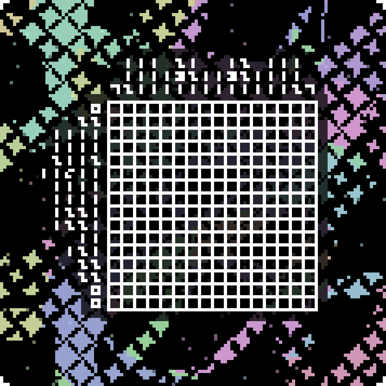 a picross puzzle, 16 by 16 tiles, set on a grid of rainbow stars