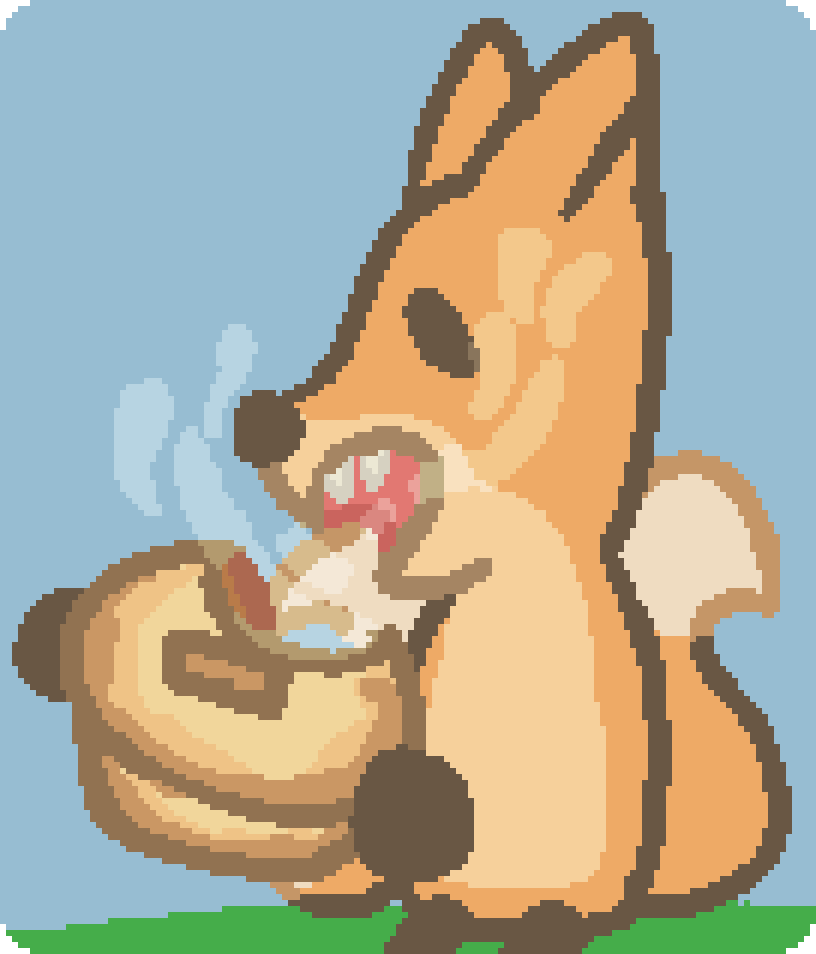 bee eating a piping hot meat pie, steam is pouring out of both the pie and star mouth